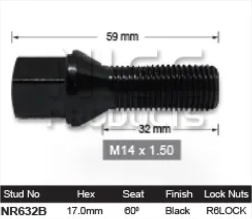 4x Black Wheel Bolt M14 x 1.50 17.0mm Hex 60° Cone Black Pack of 4