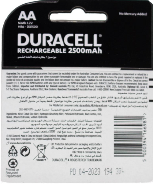 2x Duracell AA 2500 mAh Rechargeable Battery - NEW