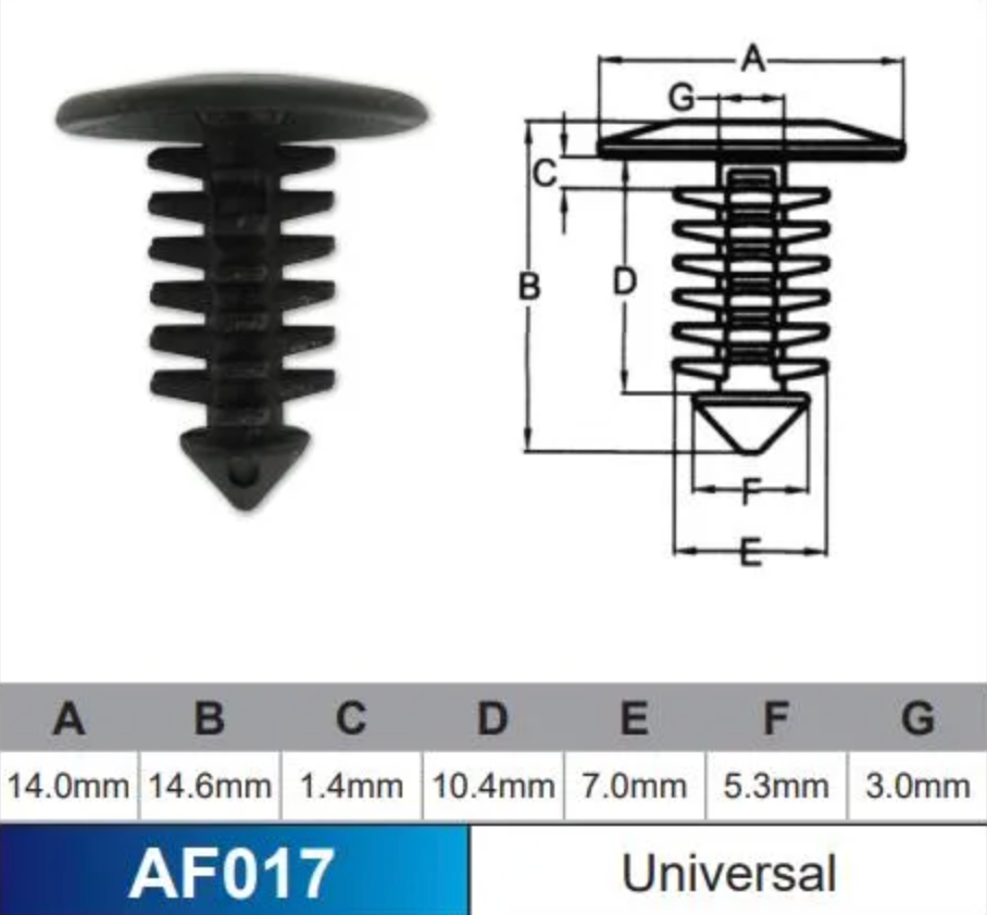 AF017-100 Trim Clips (100 Pack) Universal Plastic Panel Fasteners