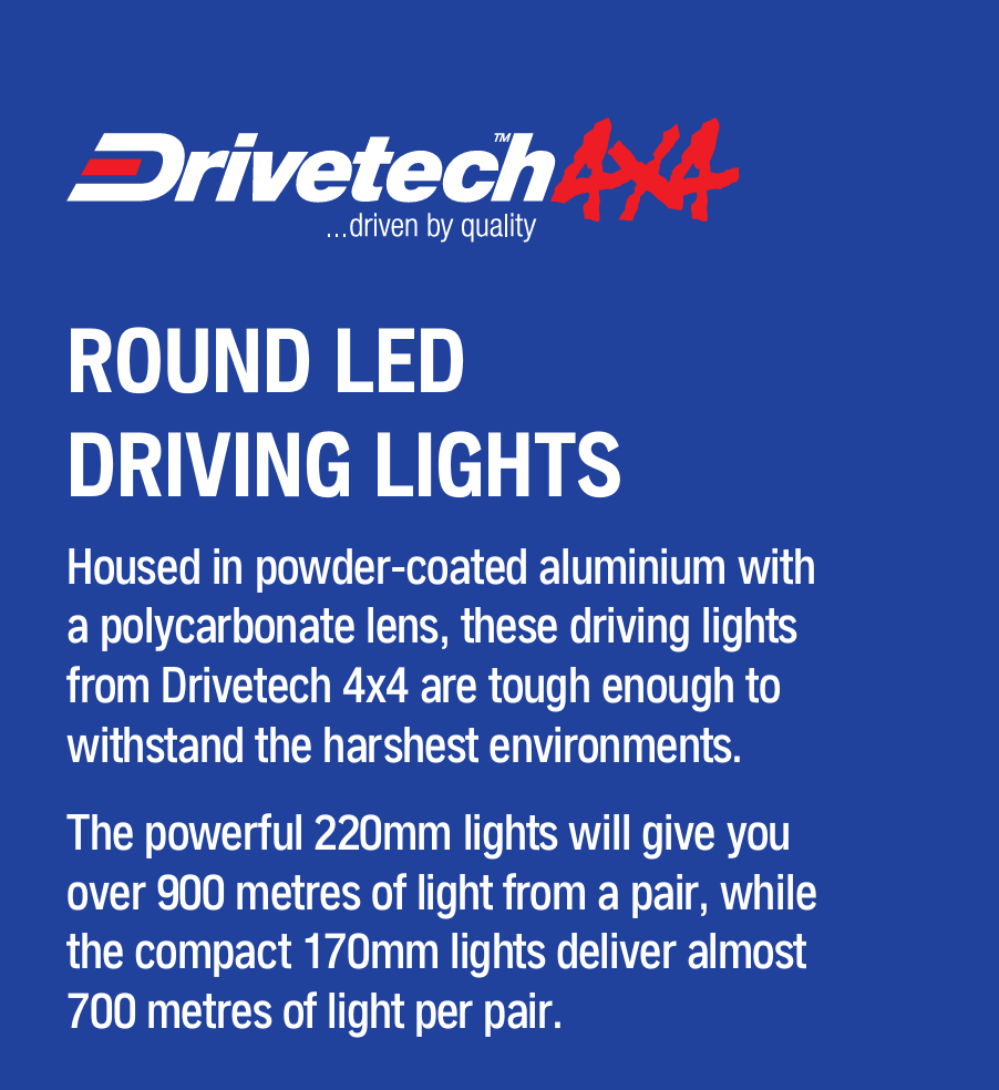 Drivetech 4X4 220mm Round LED Driving Light, Black Powder Coated 3 Year Warranty