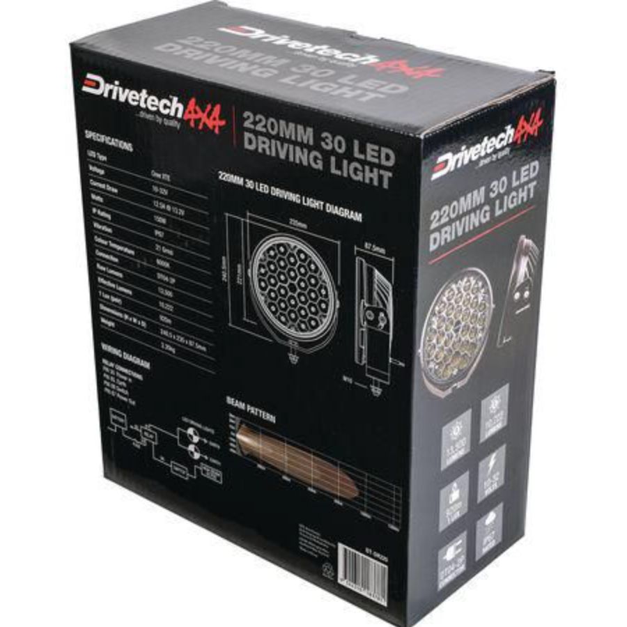 Drivetech 4X4 220mm Round LED Driving Light, Black Powder Coated 3 Year Warranty