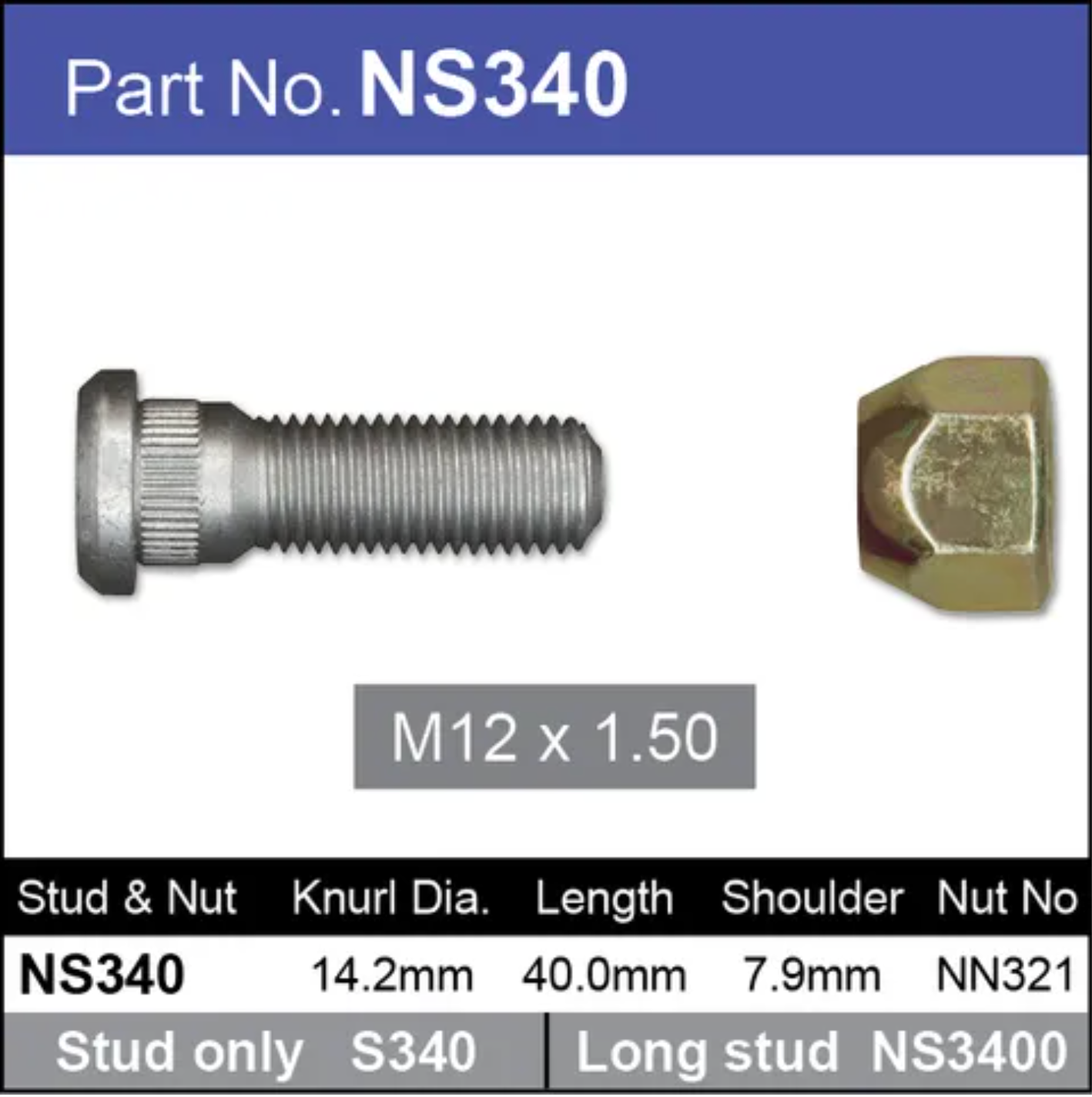 NICE Wheel Stud & Nut M12x1.50 35.3mm NS340