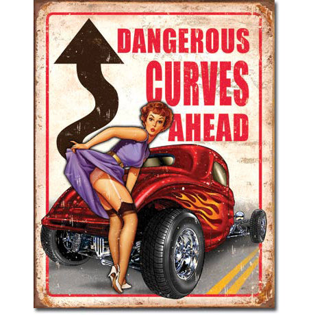 Nostalgia Signs Dangerous Curves Ahead Metal Sign Reproduction 32cm x 41cm