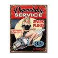 Nostalgia Signs Dependable Service Spark Plugs, Mechanic on Duty. Metal Sign