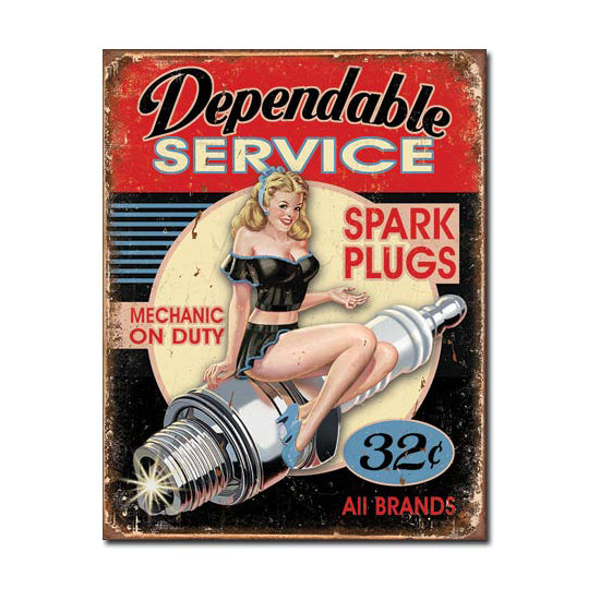 Nostalgia Signs Dependable Service Spark Plugs, Mechanic on Duty. Metal Sign
