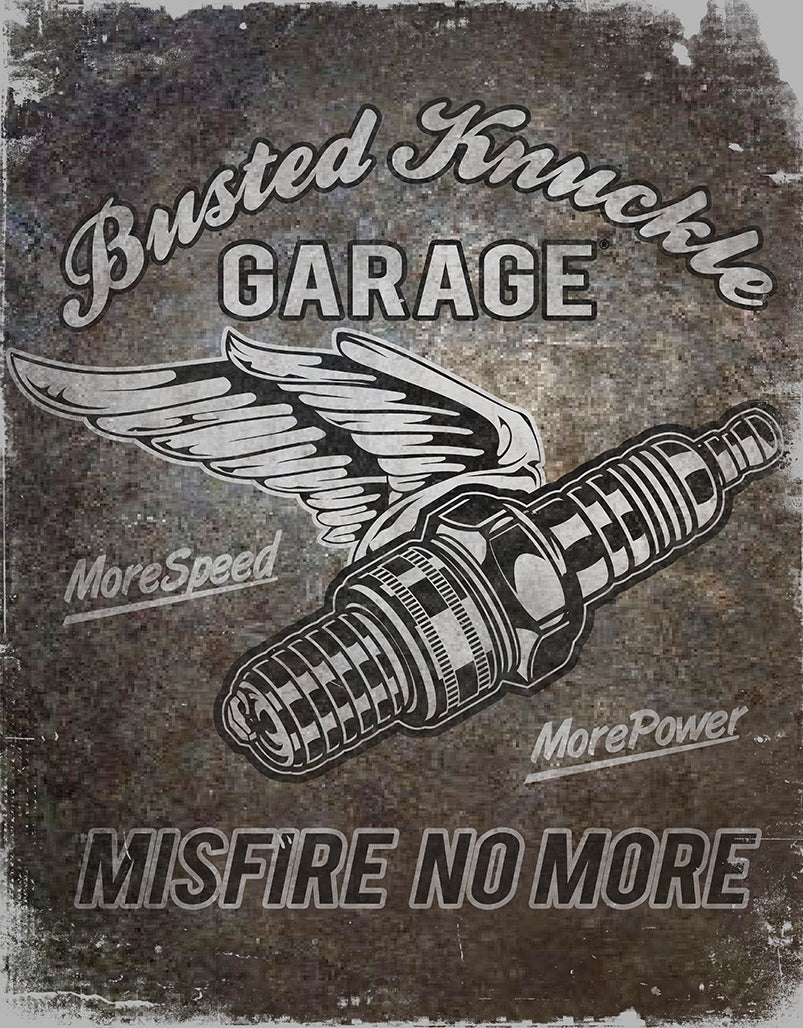 Nostalgia Signs Busted Knuckle Garage Spark Plug Metal Sign Reproduction 32cm